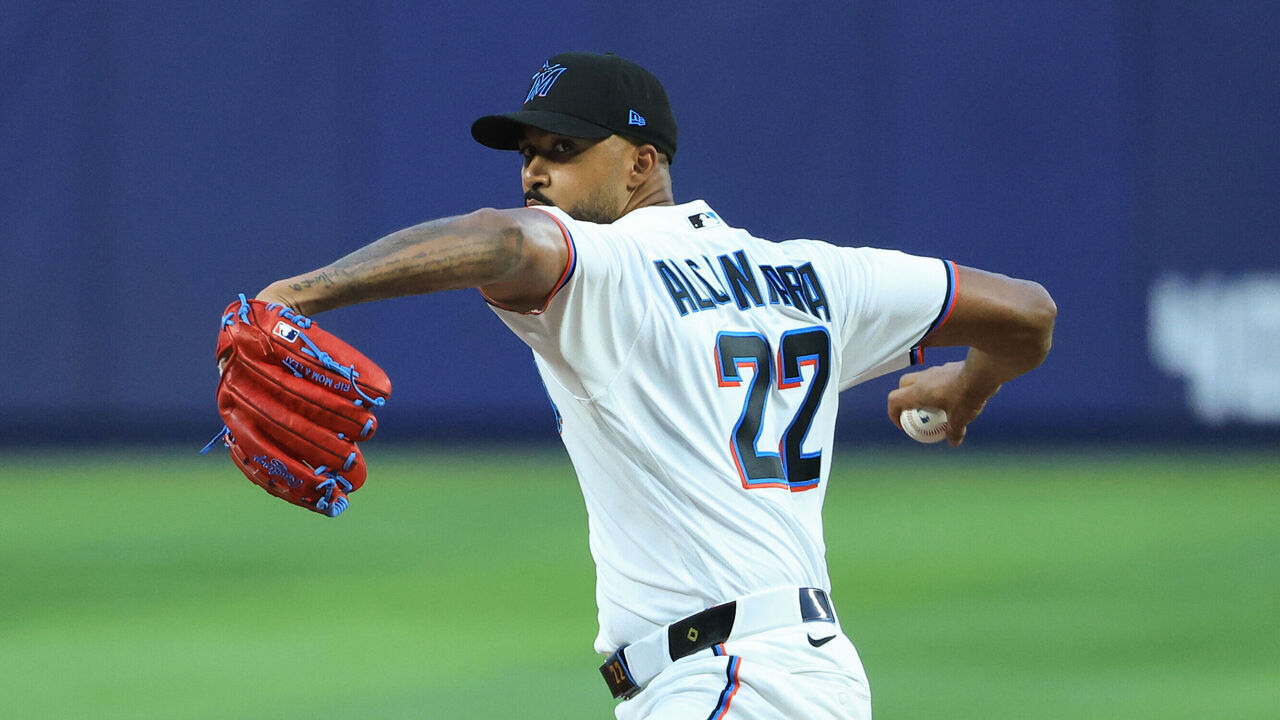 MIAMI, FL - MARCH 27: Sandy Alcantara #22 of the Miami Marlins pitches during the game between the Colorado Rockies and the Miami Marlins at loanDepot park on Friday, March 27, 2026 in Miami, Florida.