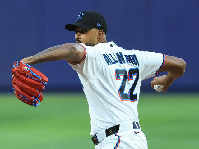 MIAMI, FL - MARCH 27: Sandy Alcantara #22 of the Miami Marlins pitches during the game between the Colorado Rockies and the Miami Marlins at loanDepot park on Friday, March 27, 2026 in Miami, Florida.