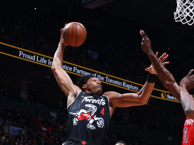 TORONTO, CANADA - MARCH 27: Scottie Barnes #4 of the Toronto Raptors dunks the ball during the game against the New Orleans Pelicans on March 27, 2026 at the Scotiabank Arena in Toronto, Ontario, Canada. Mandatory Copyright Notice: Copyright 2026 NBAE