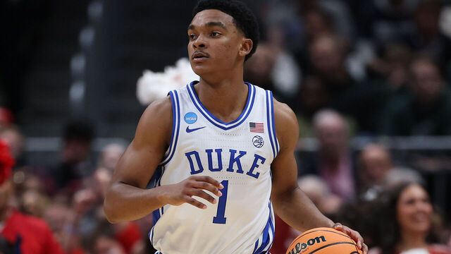 WASHINGTON, DC - MARCH 27: Caleb Foster #1 of the Duke Blue Devils looks on during the second half against the St. John's Red Storm in the Sweet Sixteen of the 2026 NCAA Men's Basketball Tournament at Capital One Arena on March 27, 2026 in Washington, DC.