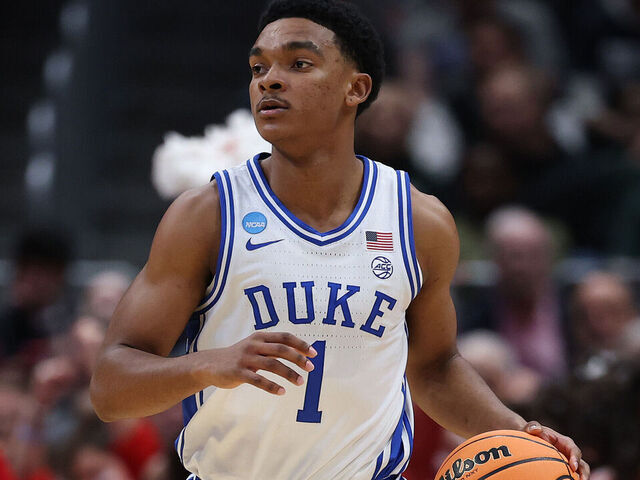 WASHINGTON, DC - MARCH 27: Caleb Foster #1 of the Duke Blue Devils looks on during the second half against the St. John's Red Storm in the Sweet Sixteen of the 2026 NCAA Men's Basketball Tournament at Capital One Arena on March 27, 2026 in Washington, DC.