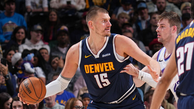DENVER, CO - MARCH 27: Nikola Jokic #15 of the Denver Nuggets handles the ball during the game against the Utah Jazz on March 27, 2026 at Ball Arena in Denver, Colorado. NOTE TO USER: User expressly acknowledges and agrees that, by downloading and/or using this Photograph, user is consenting to the terms and conditions of the Getty Images License Agreement. Mandatory Copyright Notice: Copyright 2026 NBAE