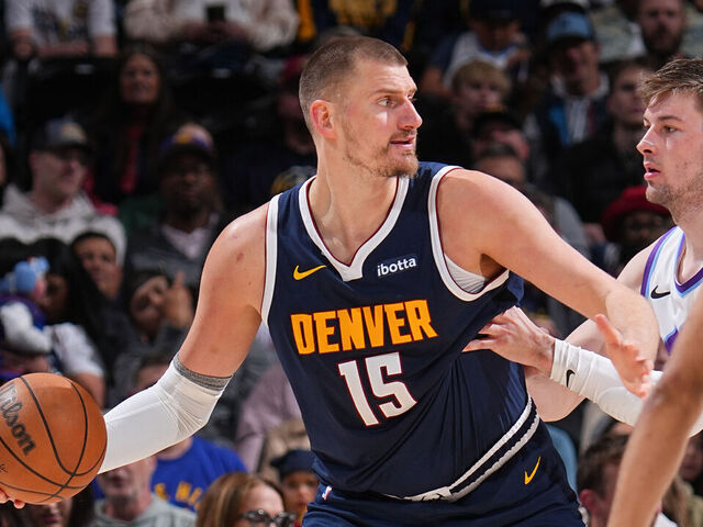 DENVER, CO - MARCH 27: Nikola Jokic #15 of the Denver Nuggets handles the ball during the game against the Utah Jazz on March 27, 2026 at Ball Arena in Denver, Colorado. NOTE TO USER: User expressly acknowledges and agrees that, by downloading and/or using this Photograph, user is consenting to the terms and conditions of the Getty Images License Agreement. Mandatory Copyright Notice: Copyright 2026 NBAE