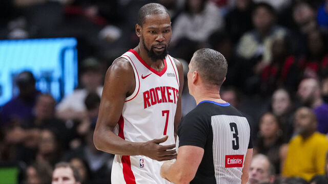 TORONTO, CANADA - OCTOBER 29: Kevin Durant #7 of the Houston Rockets stands near referee Nick Buchert #3 at a NBA game against the Toronto Raptors at Scotiabank Arena on October 29, 2025 in Toronto, Canada.