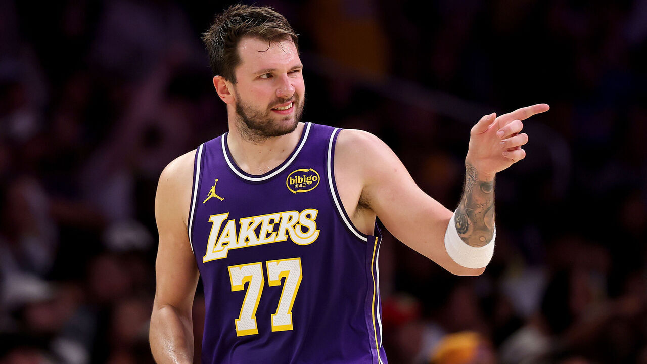 Los Angeles, CA - March 27: Lakers guard Luka Doncic, #77, winks and points to a player after a play in the second half against the Brooklyn Nets at Crypto.com Arena in Los Angeles Friday, March 27, 2026. (Allen J. Schaben / Los Angeles Times via Getty Images)