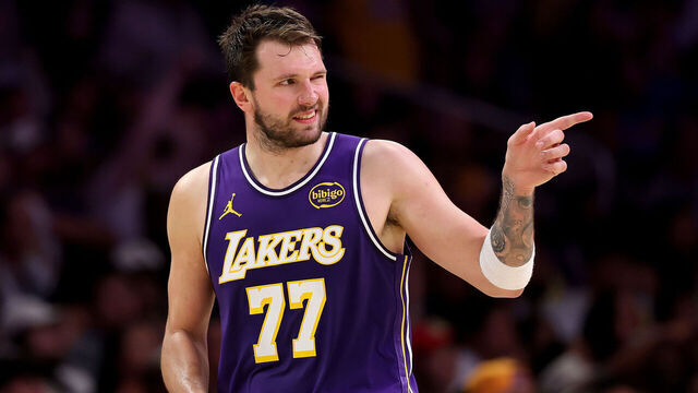Los Angeles, CA - March 27: Lakers guard Luka Doncic, #77, winks and points to a player after a play in the second half against the Brooklyn Nets at Crypto.com Arena in Los Angeles Friday, March 27, 2026. (Allen J. Schaben / Los Angeles Times via Getty Images)