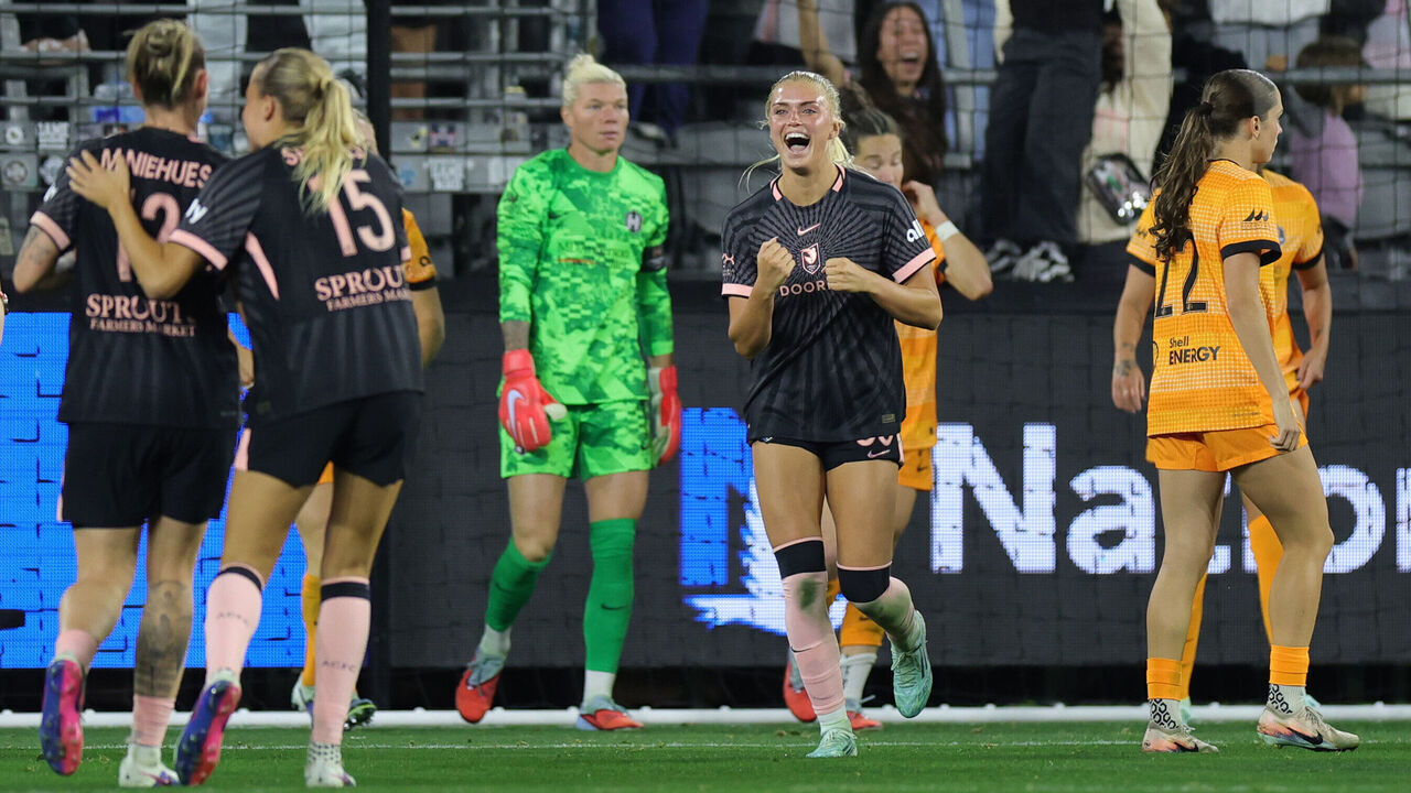 LOS ANGELES, CALIFORNIA - MARCH 27: Riley Tiernan #33 of Angel City FC celebrates scoring her team's second goal during the NWSL match between Angel City FC and Houston Dash at BMO Stadium on March 27, 2026 in Los Angeles, California.