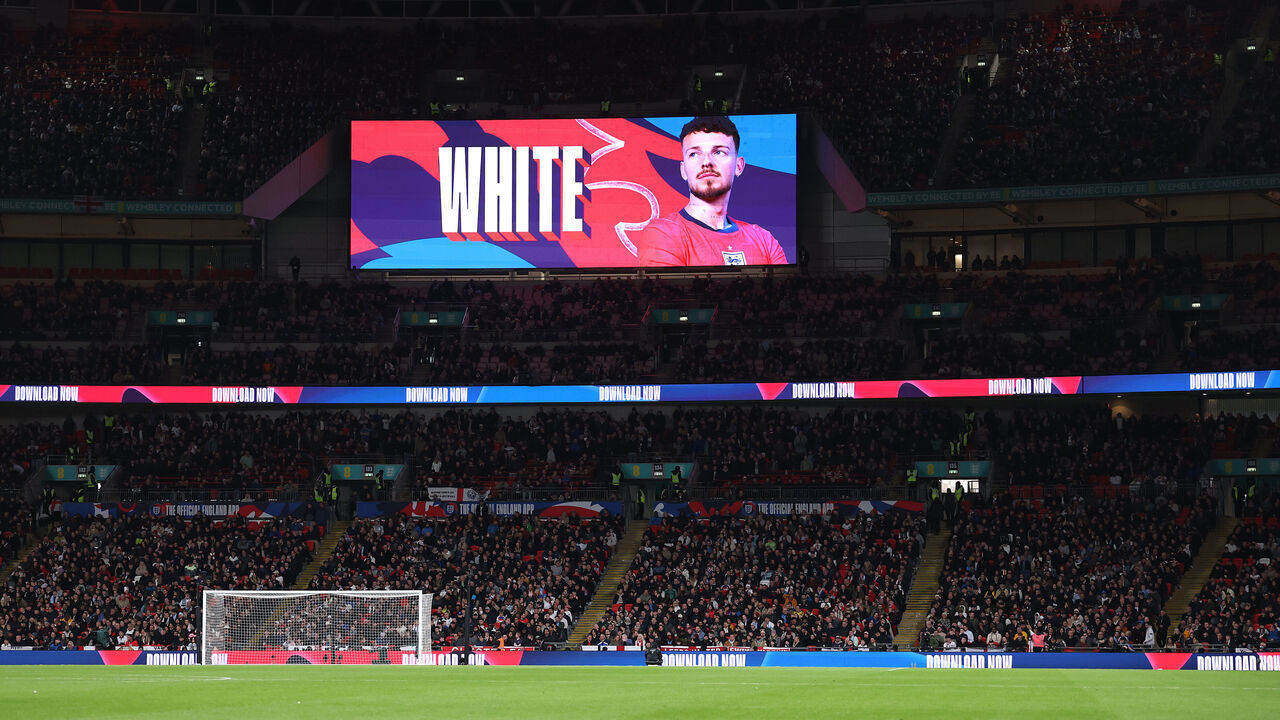 LONDON, ENGLAND - MARCH 27: The screen displays a picture of Ben White of England during the international friendly match between England and Uruguay at Wembley Stadium on March 27, 2026 in London, England.