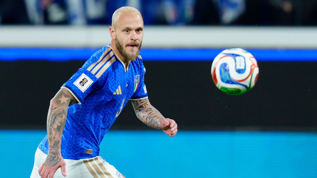 Federico Dimarco of Italy in action during the UEFA World Cup Qualifier match between Italy and Northern Ireland at New Balance Arena on March 26, 2026 in Bergamo, Italy