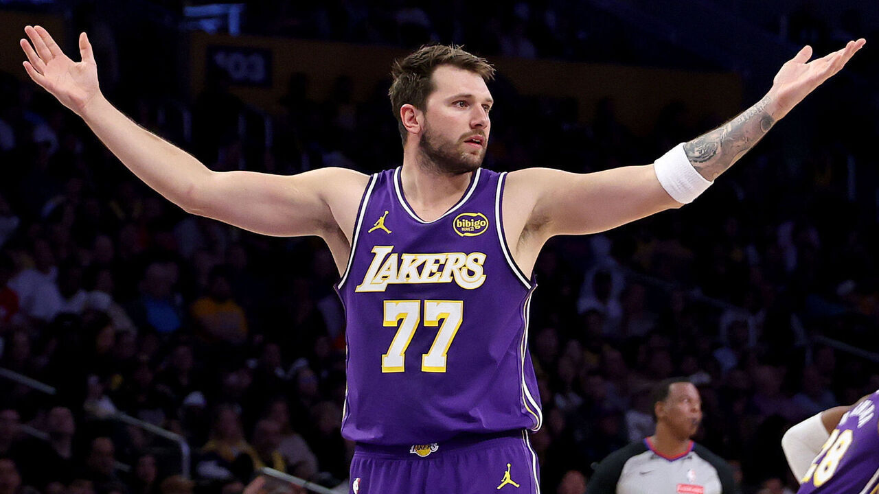 Los Angeles, CA - March 27: Lakers guard Luka Doncic, #77, celebrates a basket over the Brooklyn Nets in the first half at Crypto.com Arena in Los Angeles Friday, March 27, 2026. (Allen J. Schaben / Los Angeles Times via Getty Images)