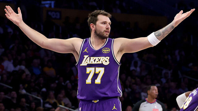 Los Angeles, CA - March 27: Lakers guard Luka Doncic, #77, celebrates a basket over the Brooklyn Nets in the first half at Crypto.com Arena in Los Angeles Friday, March 27, 2026. (Allen J. Schaben / Los Angeles Times via Getty Images)
