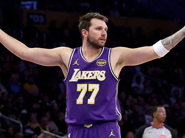 Los Angeles, CA - March 27: Lakers guard Luka Doncic, #77, celebrates a basket over the Brooklyn Nets in the first half at Crypto.com Arena in Los Angeles Friday, March 27, 2026. (Allen J. Schaben / Los Angeles Times via Getty Images)