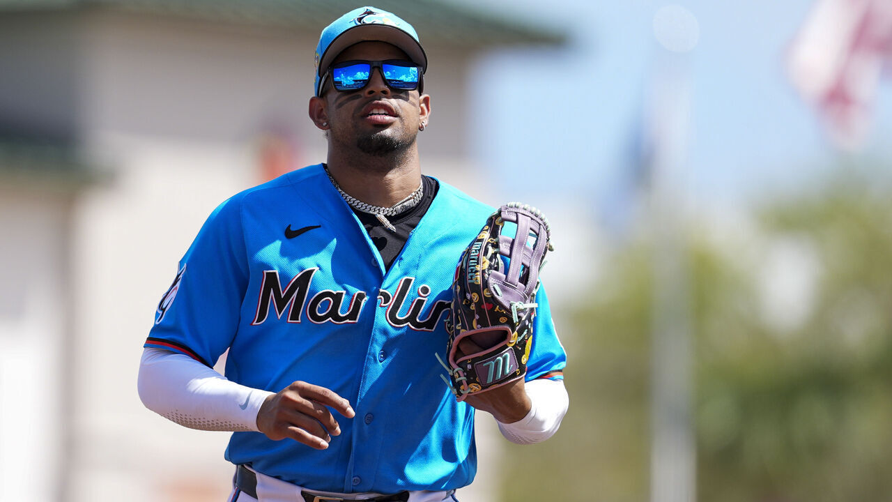 JUPITER, FLORIDA - MARCH 8: Christopher Morel #5 of the Miami Marlins during the spring training game against the St. Louis Cardinals at Roger Dean Stadium on March 8, 2026 in Jupiter, Florida.
