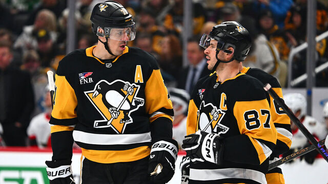 PITTSBURGH, PA - FEBRUARY 2: Evgeni Malkin #71 tall with Sidney Crosby #87 of the Pittsburgh Penguins during the game against the Ottawa Senators at PPG PAINTS Arena on February 2, 2026 in Pittsburgh, Pennsylvania.