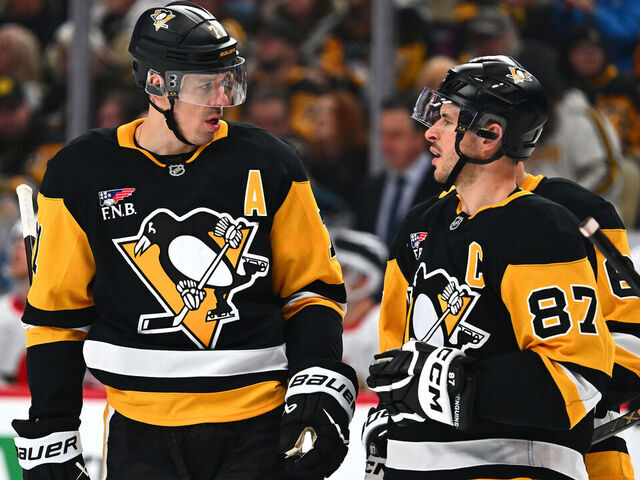 PITTSBURGH, PA - FEBRUARY 2: Evgeni Malkin #71 tall with Sidney Crosby #87 of the Pittsburgh Penguins during the game against the Ottawa Senators at PPG PAINTS Arena on February 2, 2026 in Pittsburgh, Pennsylvania.