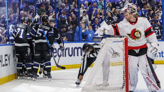 TAMPA, FL - MARCH 28: Emil Lilleberg #78 of the Tampa Bay Lightning celebrates a goal with teammates against goalie James Reimer #47 of the Ottawa Senators at Benchmark International Arena on March 28, 2026 in Tampa, Florida.