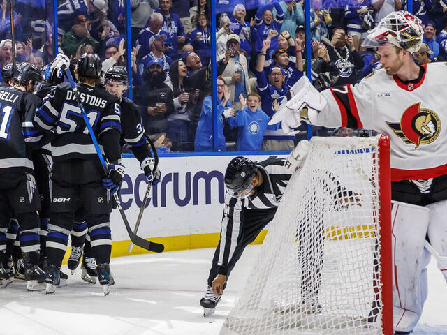 TAMPA, FL - MARCH 28: Emil Lilleberg #78 of the Tampa Bay Lightning celebrates a goal with teammates against goalie James Reimer #47 of the Ottawa Senators at Benchmark International Arena on March 28, 2026 in Tampa, Florida.