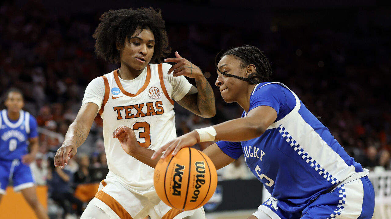 FORT WORTH, TEXAS - MARCH 28: Rori Harmon #3 of the Texas Longhorns defends against Tonie Morgan #5 of the Kentucky Wildcats during the third quarter in the Sweet Sixteen of the 2026 NCAA Women's Basketball Tournament at Dickies Arena on March 28, 2026 in Fort Worth, Texas.