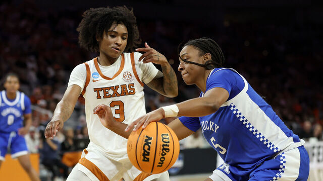FORT WORTH, TEXAS - MARCH 28: Rori Harmon #3 of the Texas Longhorns defends against Tonie Morgan #5 of the Kentucky Wildcats during the third quarter in the Sweet Sixteen of the 2026 NCAA Women's Basketball Tournament at Dickies Arena on March 28, 2026 in Fort Worth, Texas.