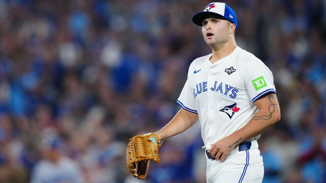 TORONTO, ON - OCTOBER 24: Mason Fluharty #68 of the Toronto Blue Jays looks on while pitching during Game One of the 2025 World Series presented by Capital One between the Los Angeles Dodgers and the Toronto Blue Jays at Rogers Centre on Friday, October 24, 2025 in Toronto, Ontario, Canada.