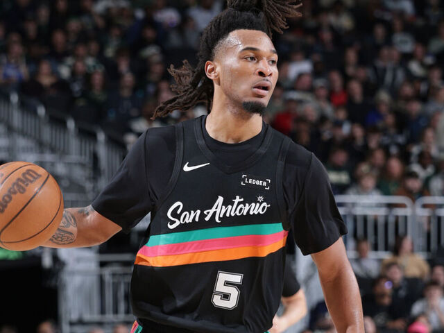 MILWAUKEE, WI - MARCH 28: Stephon Castle #5 of the San Antonio Spurs dribbles the ball during the game against the Milwaukee Bucks on March 28, 2026 at Fiserv Forum Center in Milwaukee, Wisconsin. Mandatory Copyright Notice: Copyright 2026 NBAE .