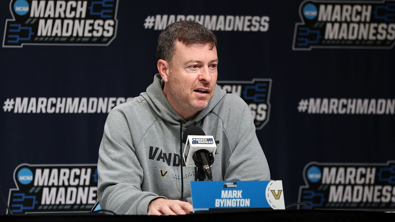 OKLAHOMA CITY, OKLAHOMA - MARCH 18: Head coach Mark Byington of the Vandebilt Commodores speaks to the media ahead of the NCAA Men's Basketball Tournament at Paycom Center on March 18, 2026 in Oklahoma City, Oklahoma.