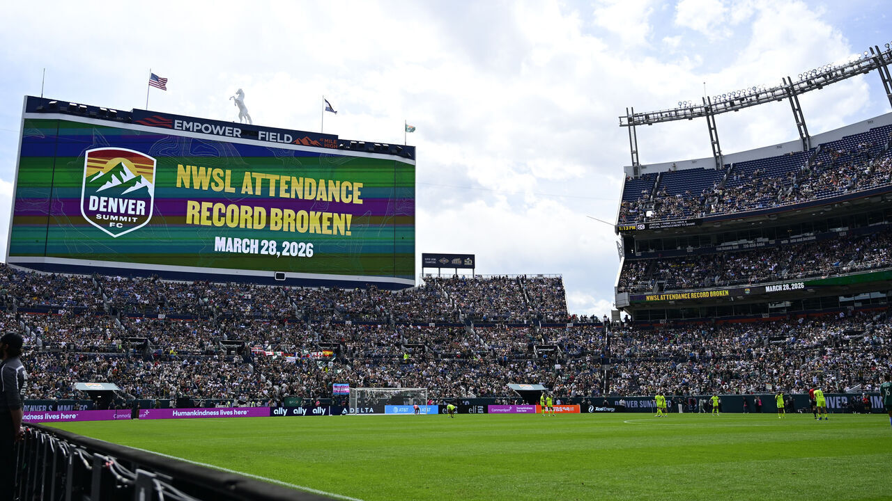 DENVER, COLORADO - MARCH 28: The LED board shows the Record of attendance message during the NWSL match between Denver Summit FC and Washington Spirit at Empower Field At Mile High on March 28, 2026 in Denver, Colorado.