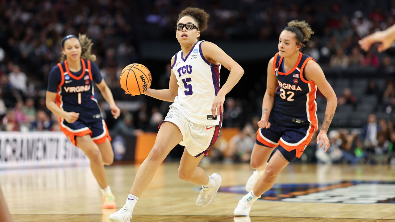 SACRAMENTO, CALIFORNIA - MARCH 28: Olivia Miles #5 of the TCU Horned Frogs dribbles to the basket during the fourth quarter of a Sweet Sixteen round game of the 2026 NCAA Women's Basketball Tournament held at Golden 1 Center on March 28, 2026 in Sacramento, California.