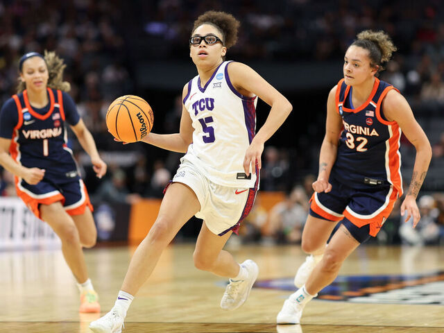 SACRAMENTO, CALIFORNIA - MARCH 28: Olivia Miles #5 of the TCU Horned Frogs dribbles to the basket during the fourth quarter of a Sweet Sixteen round game of the 2026 NCAA Women's Basketball Tournament held at Golden 1 Center on March 28, 2026 in Sacramento, California.