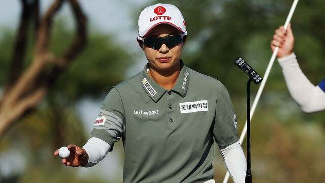 PHOENIX, ARIZONA - MARCH 28: Hyo Joo Kim of Korea reacts on the 13th green during the third round of the Ford Championship presented by Wild Horse Pass 2026 at Whirlwind Golf Club in Wild Horse Pass on March 28, 2026 in Phoenix, Arizona.