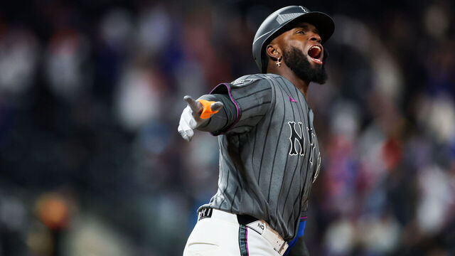 NEW YORK, NEW YORK - MARCH 28: Luis Robert Jr. #88 of the New York Mets reacts to hitting the game-winning home run during the eleventh inning against the Pittsburgh Pirates at Citi Field on March 28, 2026 in the Queens borough of New York City. The New York Mets won 4-2.