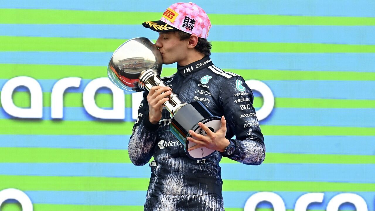 SUZUKA, JAPAN - MARCH 29: Andre Kimi Antonelli (12) of Mercedes-AMG PETRONAS Formula One Team wins the F1 Grand Prix of Japan on March 29, 2026, at Suzuka international Circuit, in Suzuka city, Mie Prefecture, Japan. Oscar Piastri (81) of McLaren Mastercard Formula 1 Team finishes second and Charles Leclerc (16) of Scuderia Ferrari HP, finishes third.