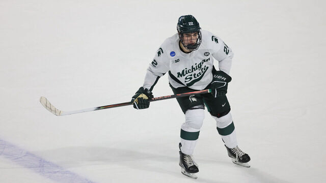 WORCESTER, MASSACHUSETTS - MARCH 26: Porter Martone #22 of the Michigan State Spartans skates against the UConn Huskies during the NCAA Division I Men's Ice Hockey Regional Championship Semifinal at the DCU Center on March 26, 2026 in Worcester, Massachusetts. The Spartans won 2-1.