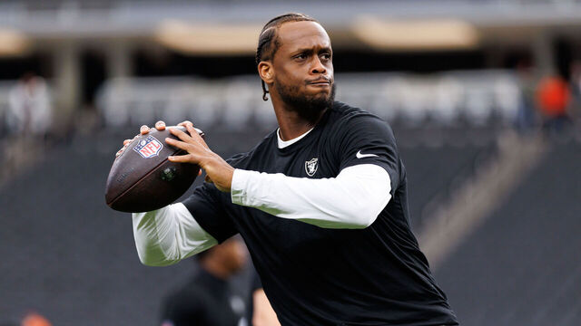 LAS VEGAS, NEVADA - DECEMBER 7: Geno Smith #7 of the Las Vegas Raiders warms up prior to an NFL football game against the Denver Broncos at Allegiant Stadium on December 07, 2025 in Las Vegas, Nevada.