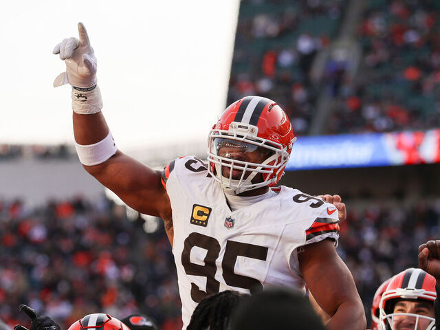 CINCINNATI, OH - JANUARY 04: Cleveland Browns defensive end Myles Garrett (95) reacts after breaking the single-season sack record during the game against the Cleveland Browns and the Cincinnati Bengals on January 4, 2026, at Paycor Stadium in Cincinnati, OH.