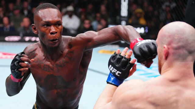 SEATTLE, WASHINGTON - MARCH 28: (L-R) Israel Adesanya of Nigeria punches Joe Pyfer in a middleweight fight during the UFC Fight Night event at Climate Pledge Arena on March 28, 2026 in Seattle, Washington.