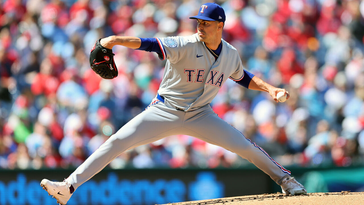 PHILADELPHIA, PENNSYLVANIA - MARCH 29: MacKenzie Gore #1 of the Texas Rangers throws a pitch in the first inning during a game against the Philadelphia Phillies at Citizens Bank Park on March 29, 2026 in Philadelphia, Pennsylvania.