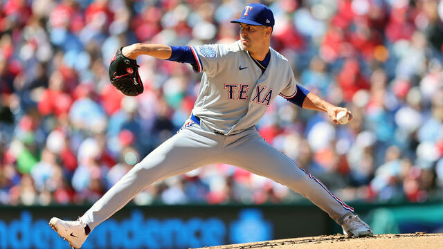 PHILADELPHIA, PENNSYLVANIA - MARCH 29: MacKenzie Gore #1 of the Texas Rangers throws a pitch in the first inning during a game against the Philadelphia Phillies at Citizens Bank Park on March 29, 2026 in Philadelphia, Pennsylvania.