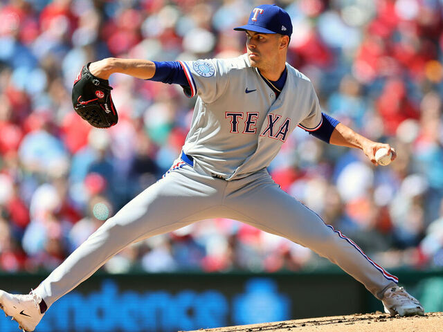 PHILADELPHIA, PENNSYLVANIA - MARCH 29: MacKenzie Gore #1 of the Texas Rangers throws a pitch in the first inning during a game against the Philadelphia Phillies at Citizens Bank Park on March 29, 2026 in Philadelphia, Pennsylvania.