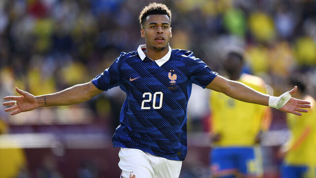 LANDOVER, MARYLAND - MARCH 29: Desire Doue of France celebrates scoring his team's third goal during the international friendly match between Colombia and France at Northwest Stadium on March 29, 2026 in Landover, Maryland.