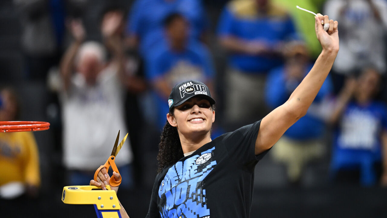 SACRAMENTO, CALIFORNIA - MARCH 29: Lauren Betts #51 of the UCLA Bruins celebrates after defeating the Duke Blue Devils 70-58 in the Elite Eight of the 2026 NCAA Women's Basketball Tournament at Golden 1 Center on March 29, 2026 in Sacramento, California.