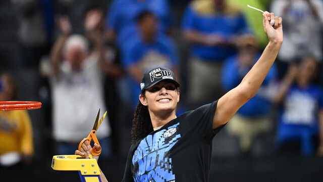 SACRAMENTO, CALIFORNIA - MARCH 29: Lauren Betts #51 of the UCLA Bruins celebrates after defeating the Duke Blue Devils 70-58 in the Elite Eight of the 2026 NCAA Women's Basketball Tournament at Golden 1 Center on March 29, 2026 in Sacramento, California.
