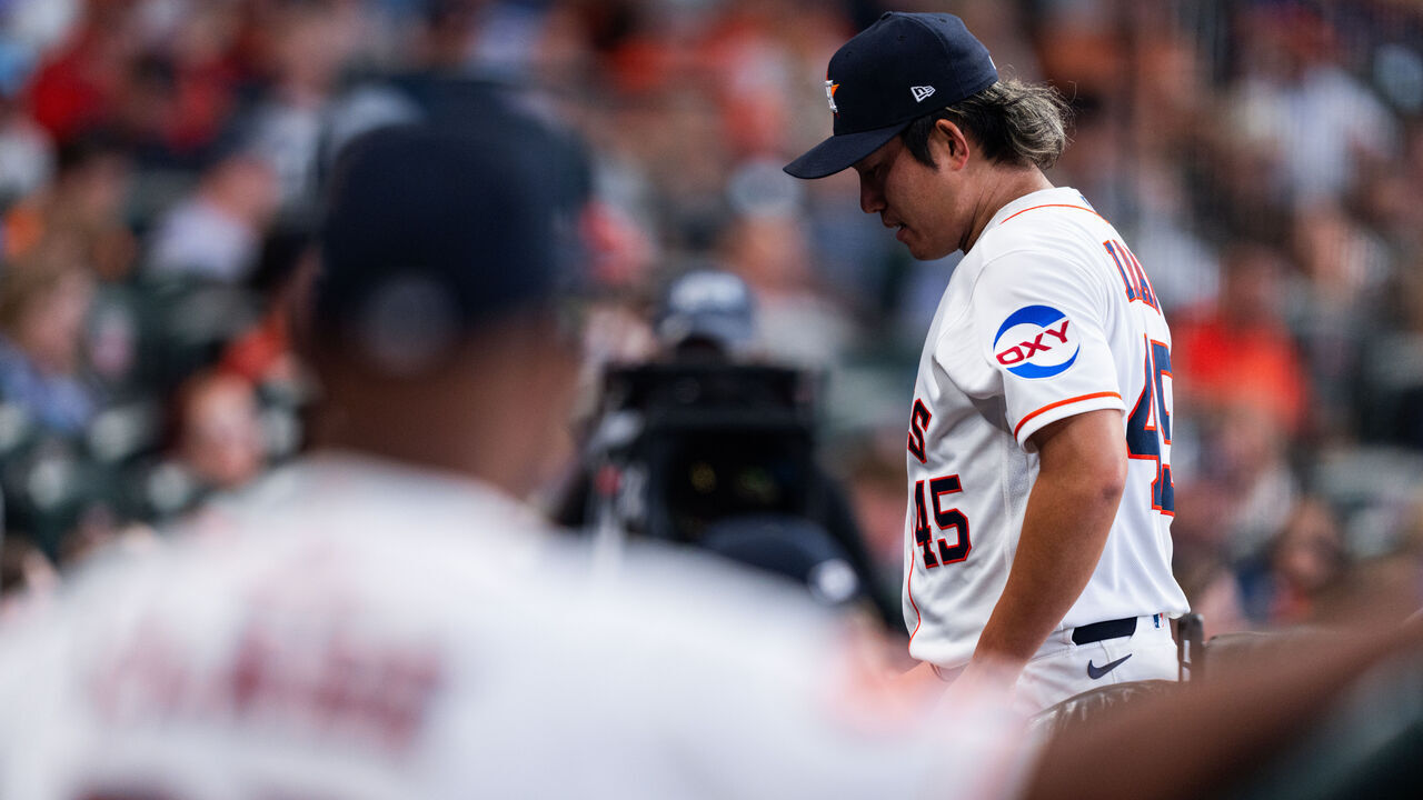 HOUSTON, TEXAS - MARCH 29: Tatsuya Imai #45 of the Houston Astros leaves the game in the third inning of his MLB debut against the Los Angeles Angels at Daikin Park on March 29, 2026 in Houston, Texas.