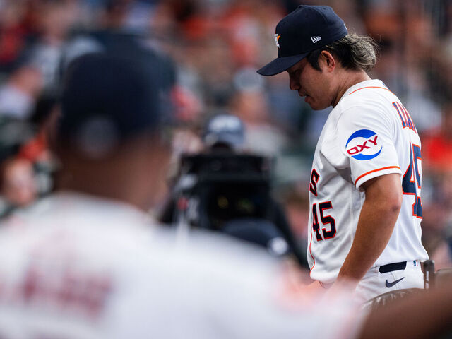 HOUSTON, TEXAS - MARCH 29: Tatsuya Imai #45 of the Houston Astros leaves the game in the third inning of his MLB debut against the Los Angeles Angels at Daikin Park on March 29, 2026 in Houston, Texas.