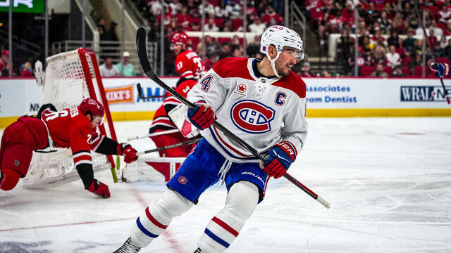 RALEIGH, NORTH CAROLINA - MARCH 29: Nick Suzuki #14 of the Montréal Canadiens celebrates after a goal during the second period against the Carolina Hurricanes at Lenovo Center on March 29, 2026 in Raleigh, North Carolina.
