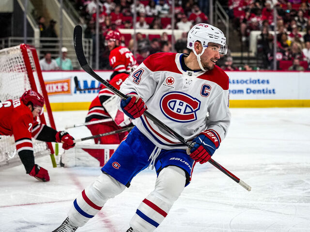 RALEIGH, NORTH CAROLINA - MARCH 29: Nick Suzuki #14 of the Montréal Canadiens celebrates after a goal during the second period against the Carolina Hurricanes at Lenovo Center on March 29, 2026 in Raleigh, North Carolina.