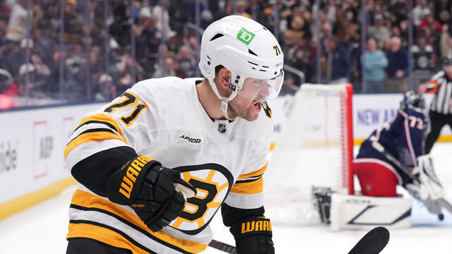 COLUMBUS, OHIO - MARCH 29: Viktor Arvidsson #71 of the Boston Bruins reacts to scoring the game winning goal during a shootout against the Columbus Blue Jackets at Nationwide Arena on March 29, 2026 in Columbus, Ohio.