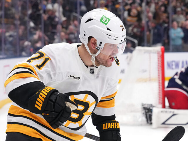 COLUMBUS, OHIO - MARCH 29: Viktor Arvidsson #71 of the Boston Bruins reacts to scoring the game winning goal during a shootout against the Columbus Blue Jackets at Nationwide Arena on March 29, 2026 in Columbus, Ohio.