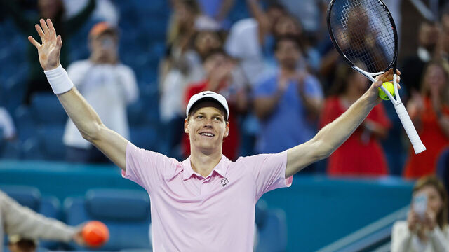MIAMI GARDENS, FLORIDA - MARCH 29: Jannik Sinner of Italy reacts after defeating Jiri Lehecka of Czechia during the Men's Singles Final of the Miami Open Presented by Itau at Hard Rock Stadium on March 29, 2026 in Miami Gardens, Florida.