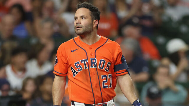 HOUSTON, TEXAS - MARCH 27: Jose Altuve #27 of the Houston Astros bats in the eighth inning against the Los Angeles Angels at Daikin Park on March 27, 2026 in Houston, Texas.